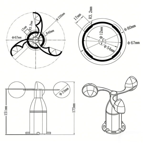 CDF-10B Metal Wind Speed Sensor Mechanical Dimensions Drawing