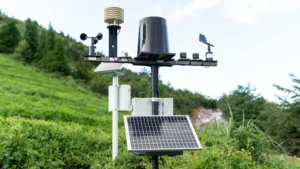 a solar panel and wind vane in a grassy area